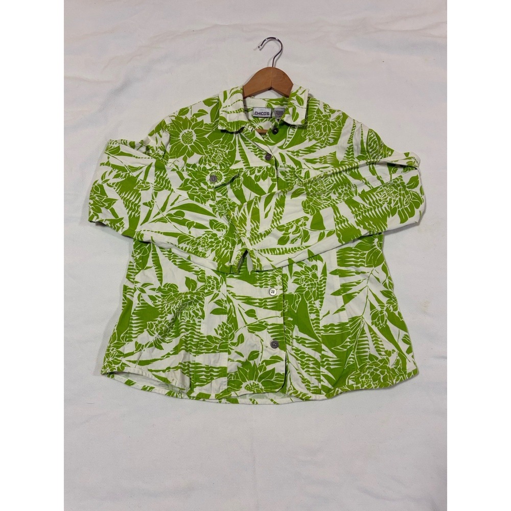 CHICO'S Size 2 L/XL Green White Floral Tropical Print Denim Style Jacket Travel